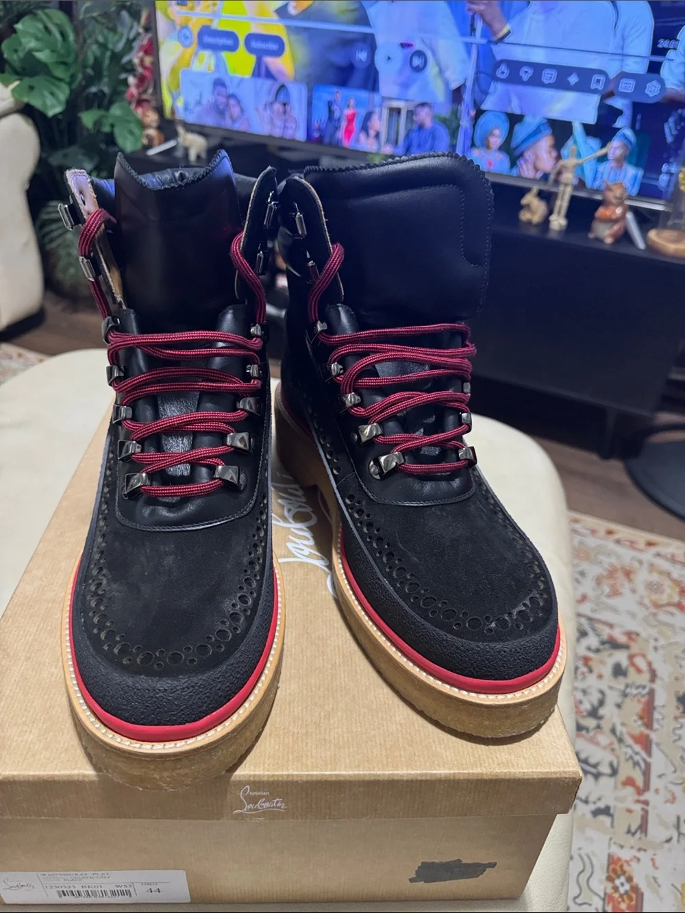Christian Louboutin Black and Red Lace-Up Ankle Boots
